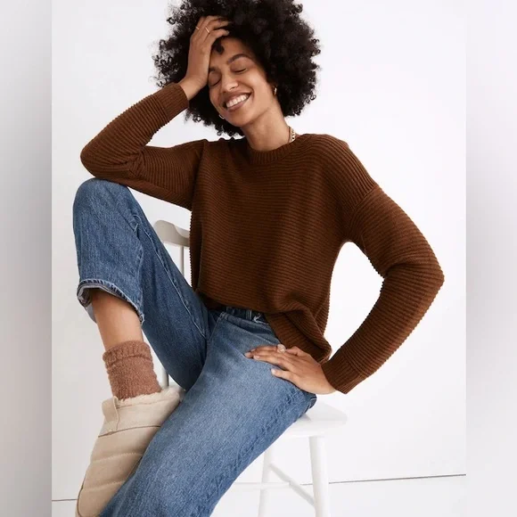 ⭐️ Madewell Greensboro Button-back Ribbed Sweater Heather Cinnamon Brown LARGE - Picture 3 of 13